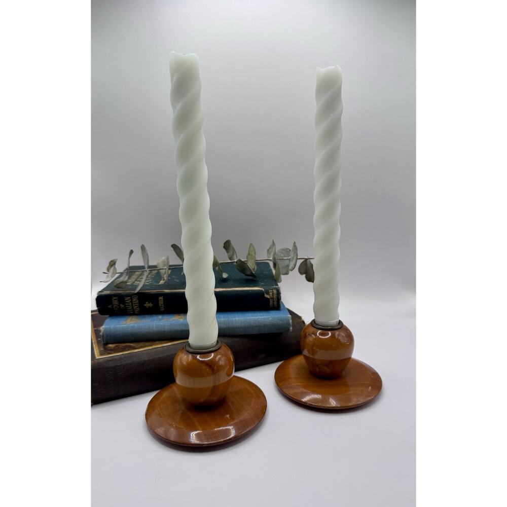 Vintage Oregon Juniper Wood Candlestick Holders MCM Turned Pair